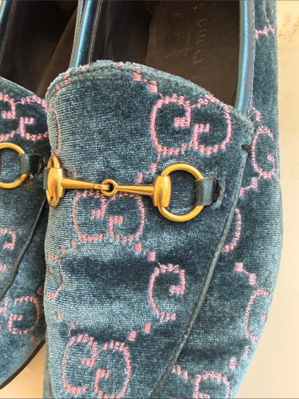 Blue Velvet Kids Loafers with Pink Monogram Detailing